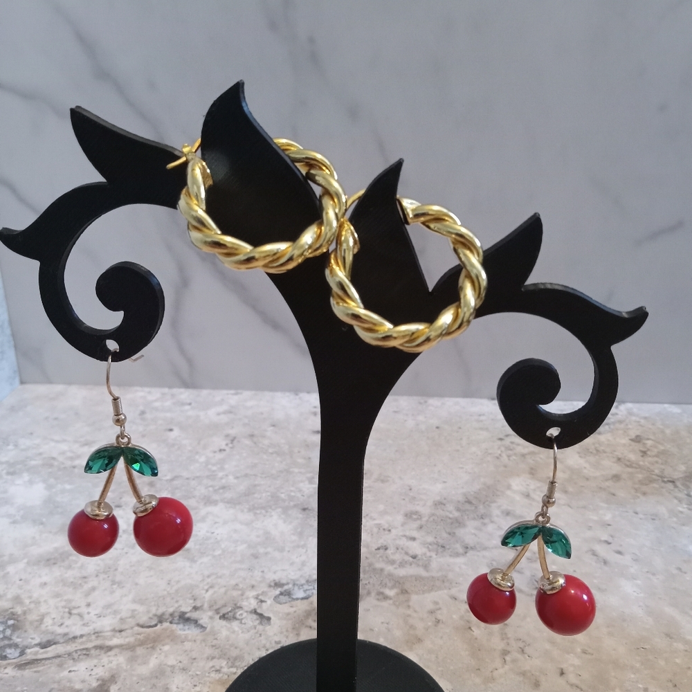 Twisted Gold Tone and Red Cherry Earrings